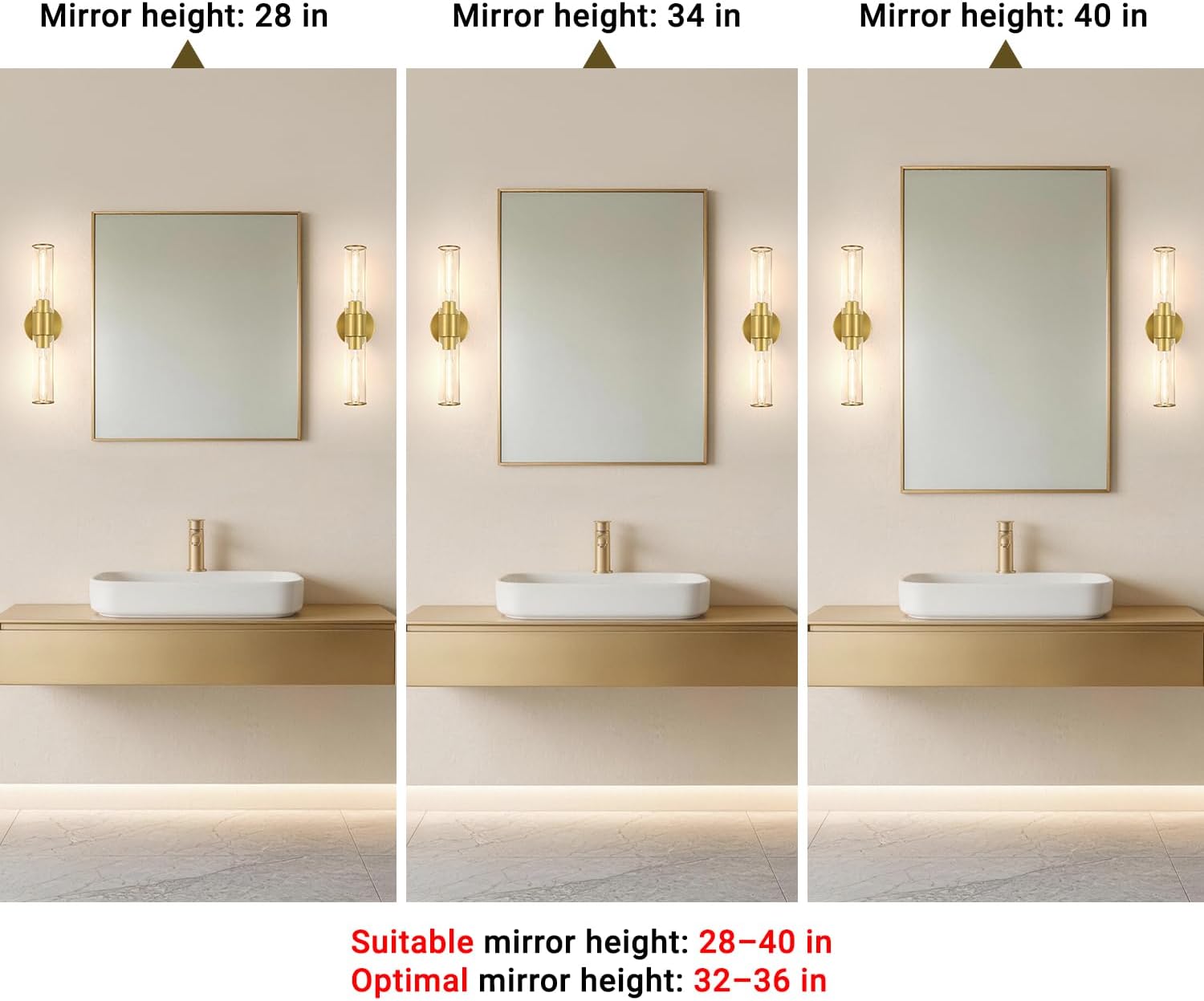 Brushed Gold Wall Sconces Set of 2 (Hardwired Only), Bathroom Vanity Light Fixtures, Modern Cylinder Glass Wall Lights for Mirror 28-40 in Height, NOT Battery Operated, E26 Base (Bulbs Not Included)